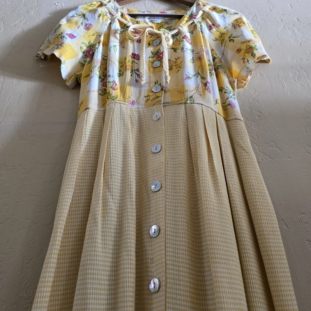 VTG Expo Mixed Print Midi Dress Yellow Gingham Floral Cottagecore Button Front 8